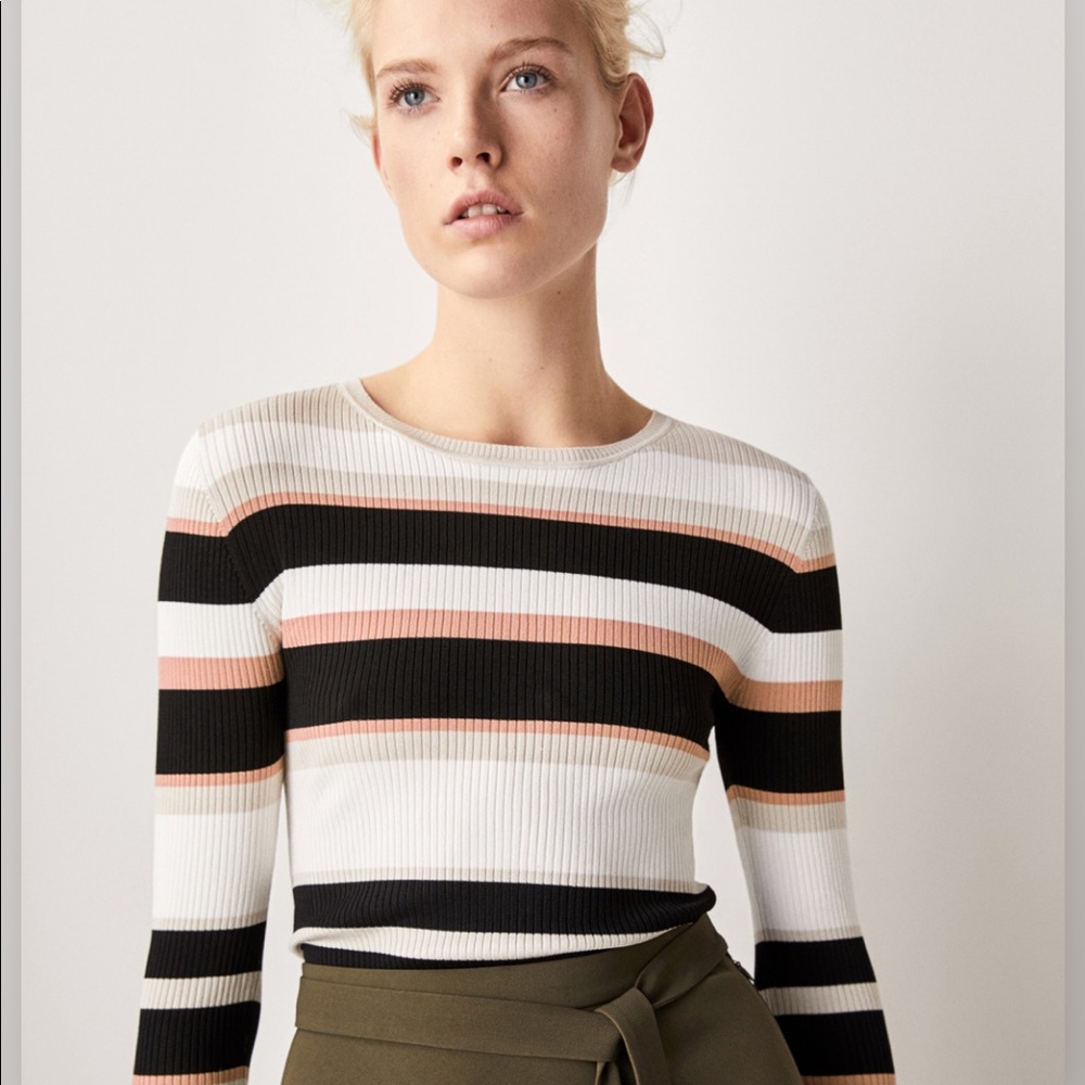 Massimo Dutti Ribbed Striped Sweater in Blk/Pnk
